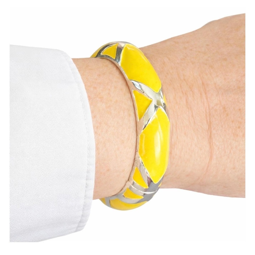 Yellow Enamel Hinged Bangle Bracelet Statement Mod Style Jewelry Silver Tone VTG